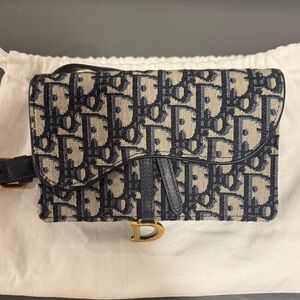 Dior Navy and Beige Signature Oblique Saddle Clutch